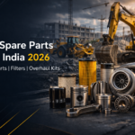 CAT spare parts price India 2026 blog banner with excavator and engine parts like filters, pistons and turbocharger