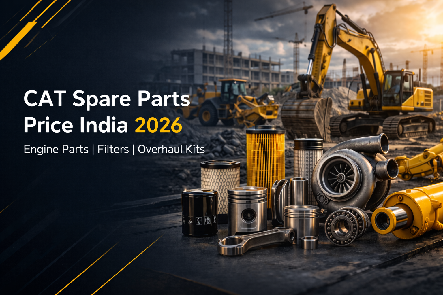CAT spare parts price India 2026 blog banner with excavator and engine parts like filters, pistons and turbocharger