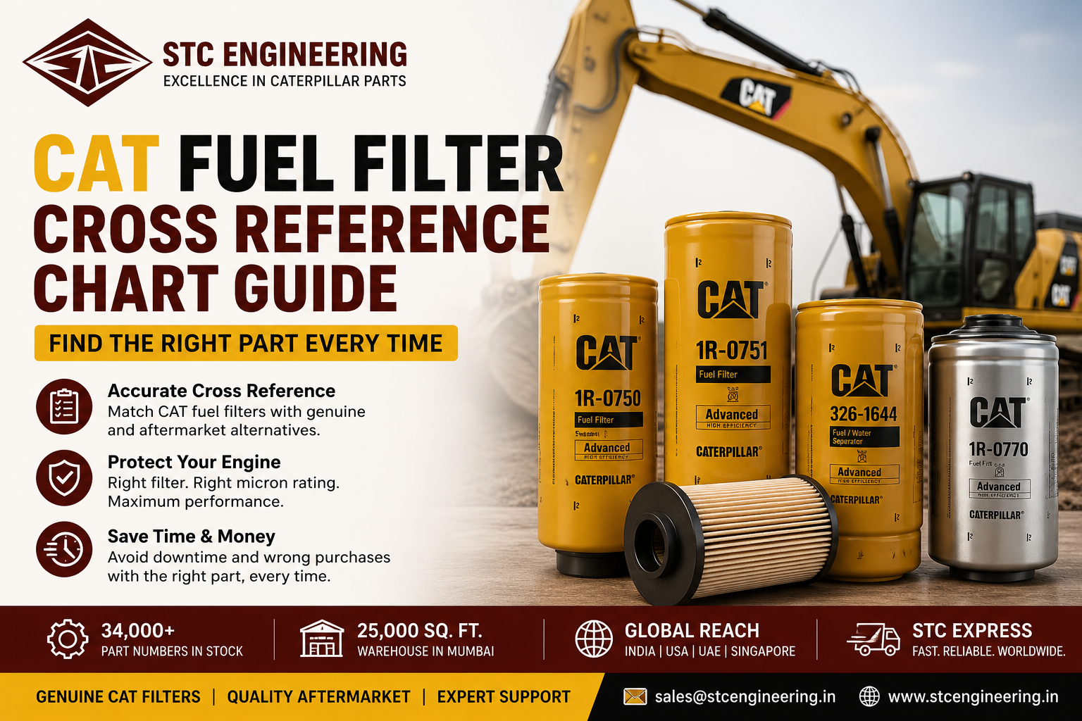 CAT fuel filter cross reference chart guide by STC Engineering showing genuine and aftermarket Caterpillar fuel filters to help identify the correct replacement part for mining, marine, construction, and power generation equipment.