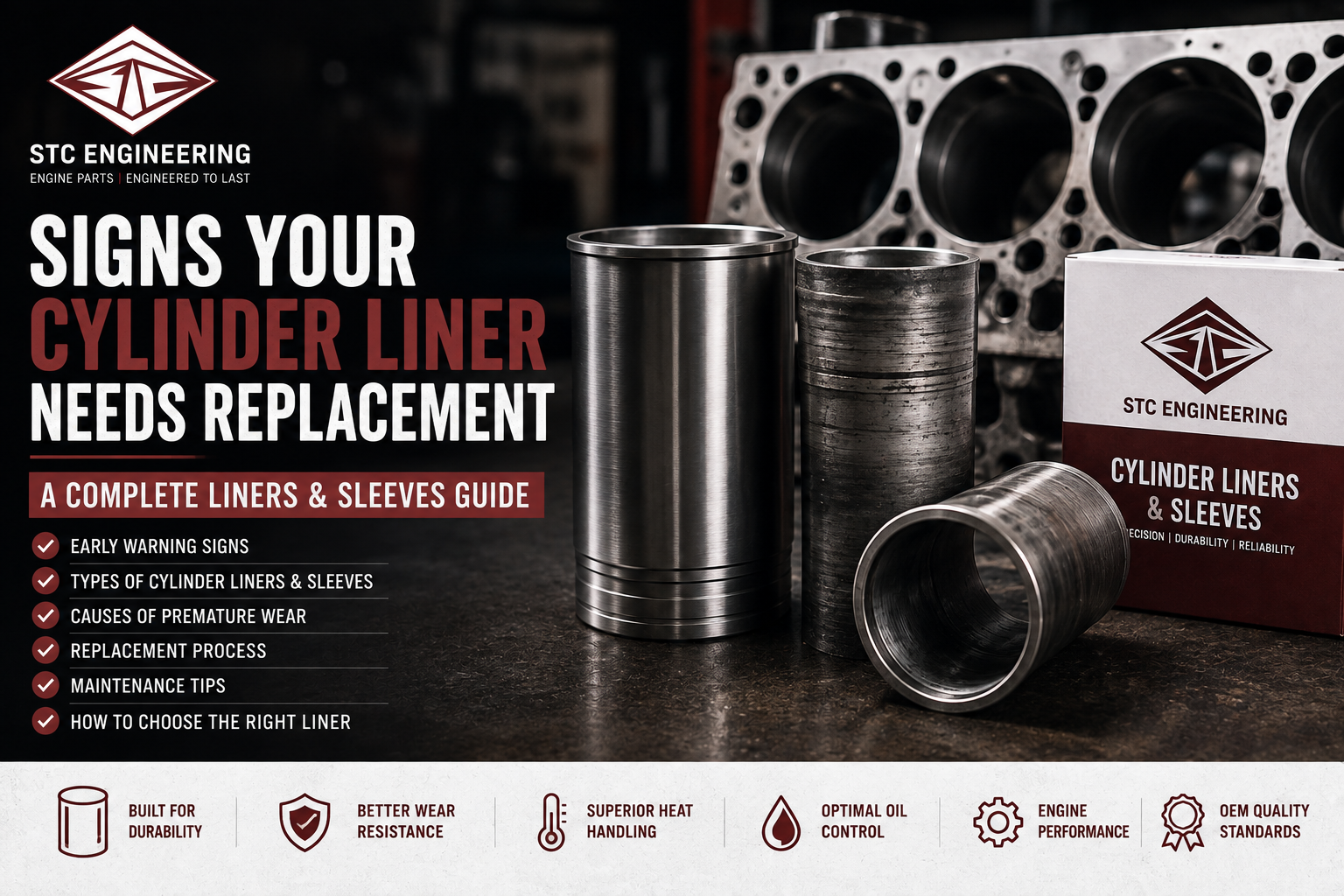 Signs your cylinder liner needs replacement featuring new and worn cylinder liners, diesel engine block, and STC Engineering cylinder liners and sleeves.