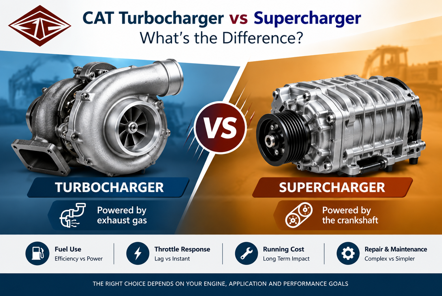 CAT turbocharger vs supercharger showing exhaust gas and crankshaft power sources
