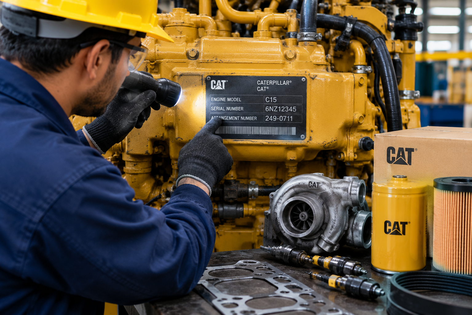 Identifying Caterpillar spare parts using an engine serial number and data plate.